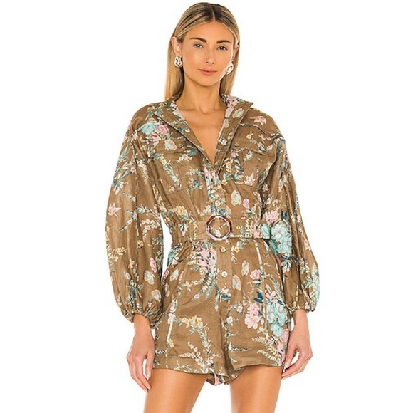 Zimmermann Pants - Zimmermann Linen Floral Belted Long Sleeve Cassia Paneled Playsuit 2 US 8